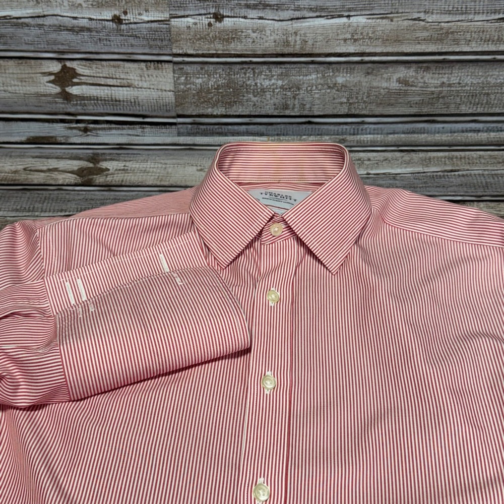 Charles Tyrwhitt Mens Slim Fit‎ Red White Striped French Cuff Shirt 15.5-35